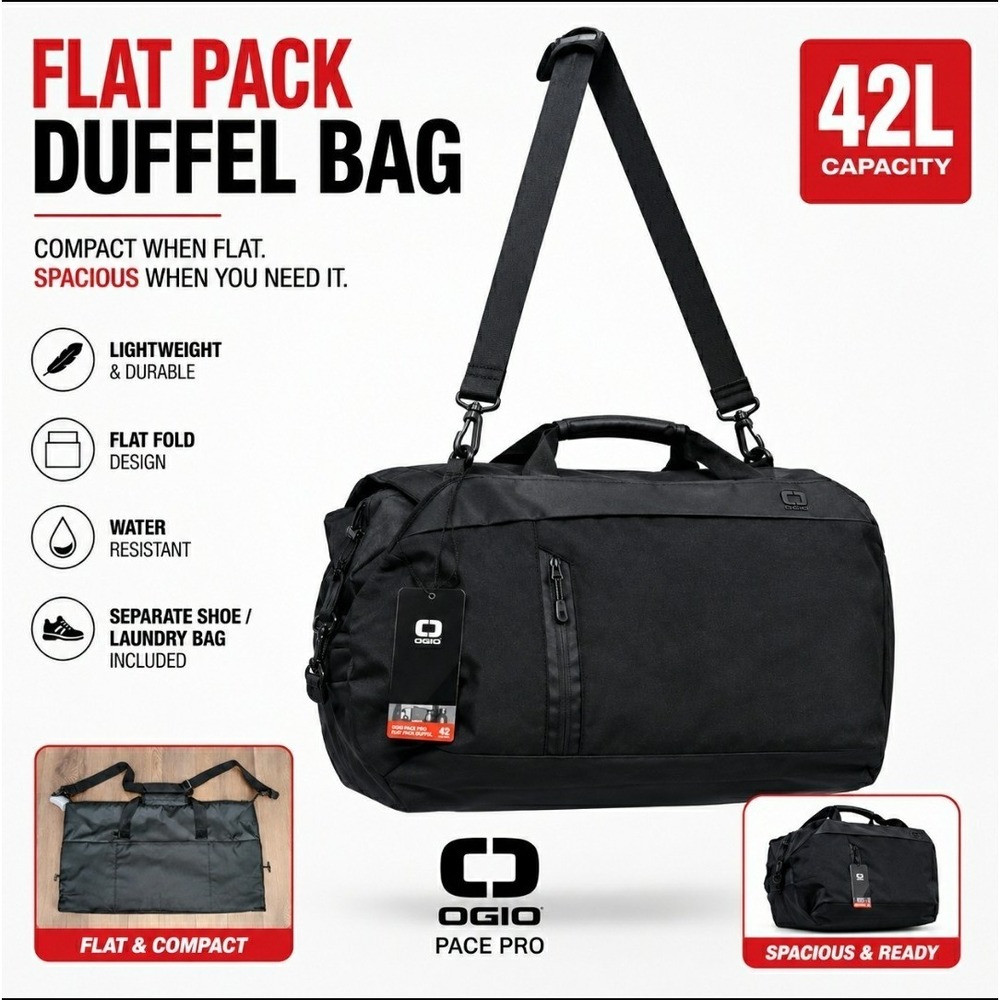 NWT OGIO Luggage Pace Pro 42L Flat Pack Duffel – Black Travel Carry-On Bag